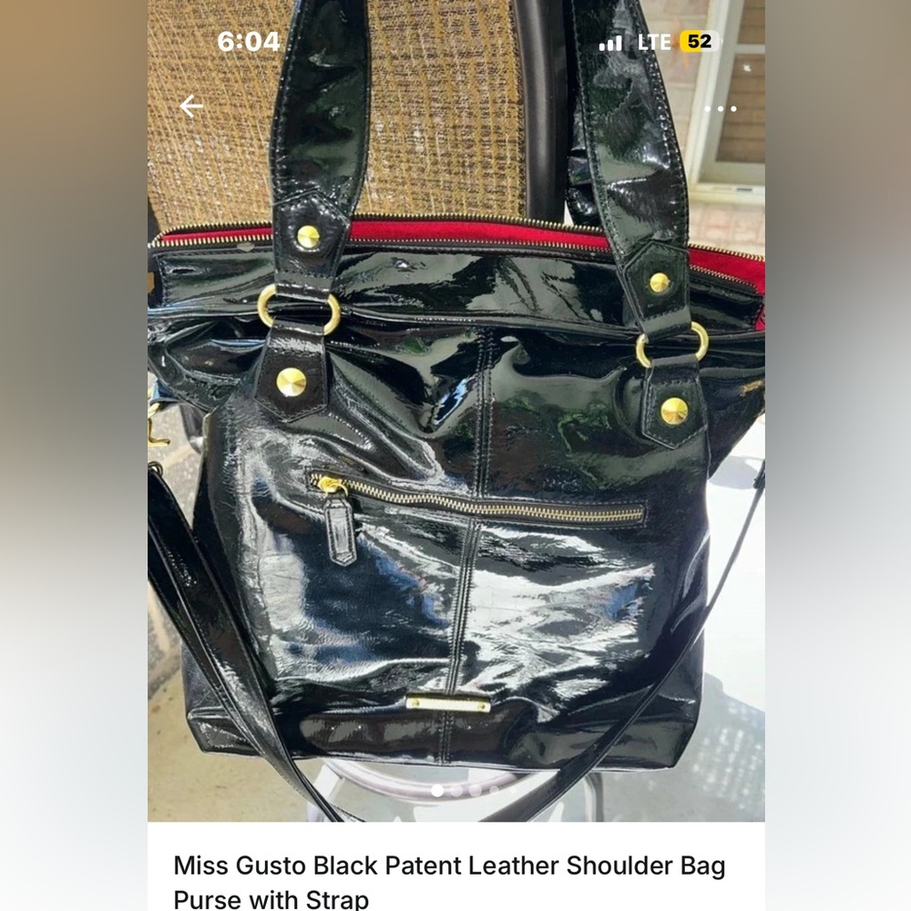 Miss Gusto Black Patent Leather Shoulder Bag with Strap EUC